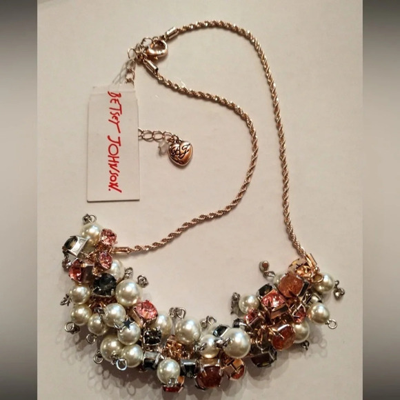 BETSEY JOHNSON Statement Gold-Tone Necklace Crystals Faux Pearls Baubles NWT - Picture 1 of 3